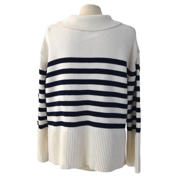 GAP White Navy Striped Sweater Size M Petite 100% Cotton Polo Knit Nautical Prep - Picture 3 of 9
